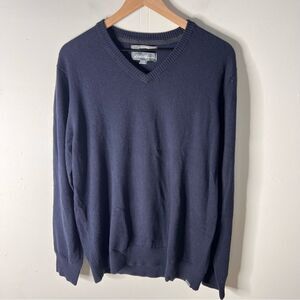 Eddie Bauer Mens Deep Blue V-Neck Sweater Cotton Cashmere Blend size Tall Large